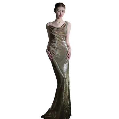 Fishtail Evening Dress For Women Elegant Sequins Annual Meeting Sexy Backless