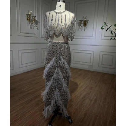 European And American Silver Nude Slim-fit Feather Shawl Host Performance Ladies' Evening Dress