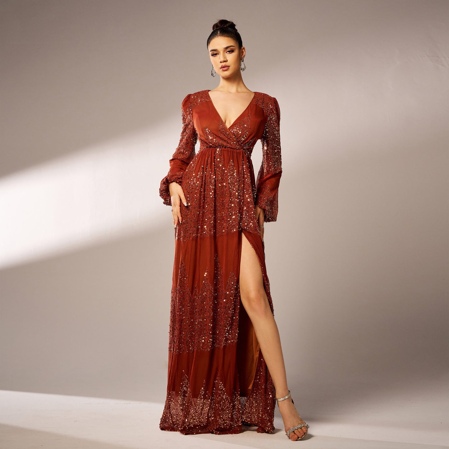 Long Sleeve V-neck Sexy Long Sequined Evening Dress