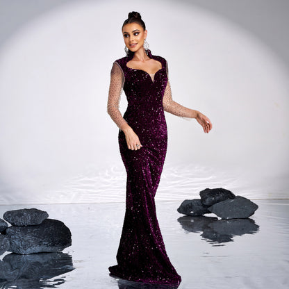 Long Sleeve Square-neck Banquet Sequined Rhinestone Fishtail Dress