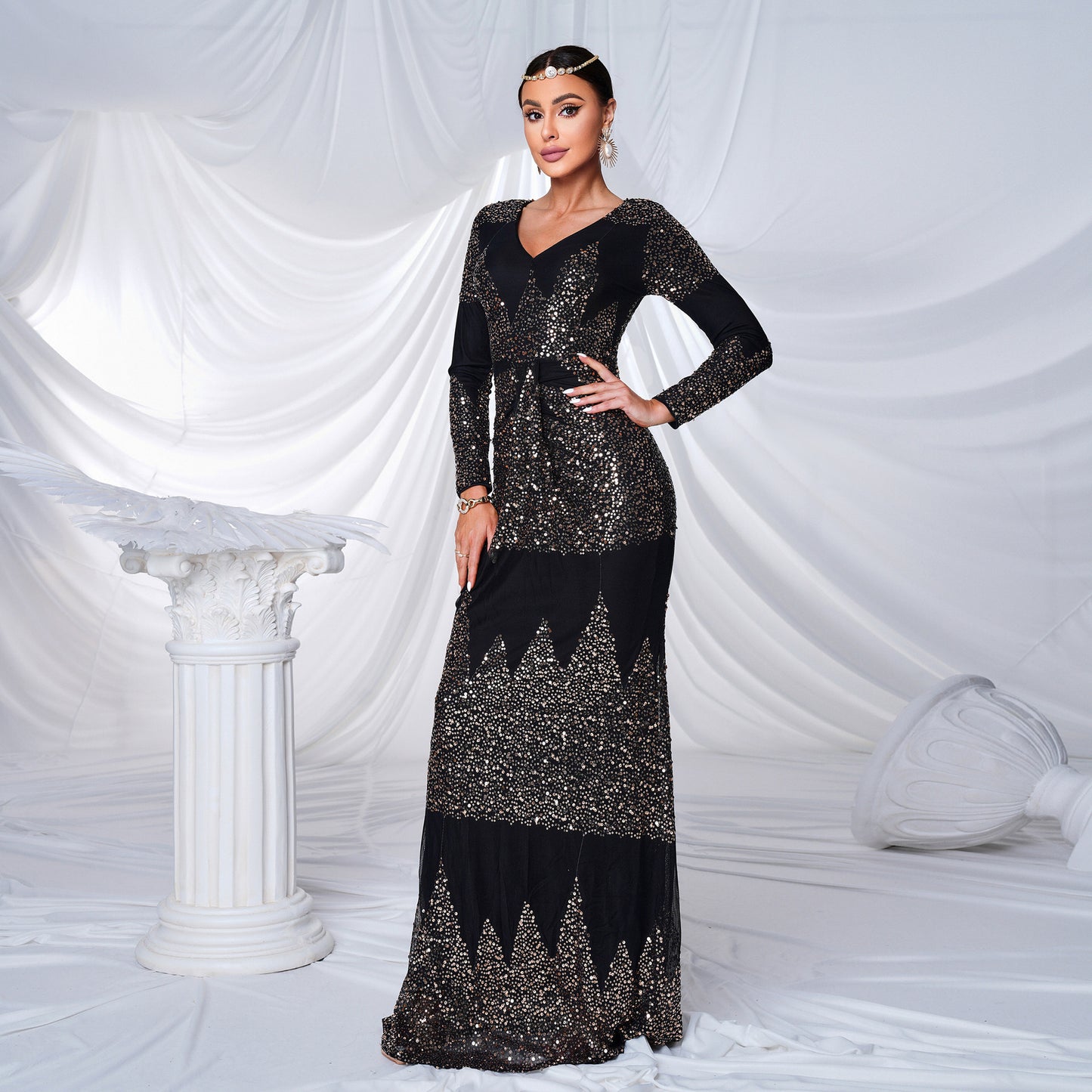 Long Sleeve V-neck Sexy Slim-fit Long Sequined Banquet Evening Dress