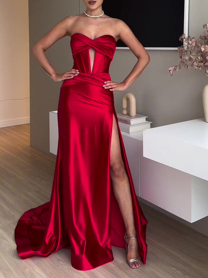 Tube Top Slit Red Extra Long Evening Dress