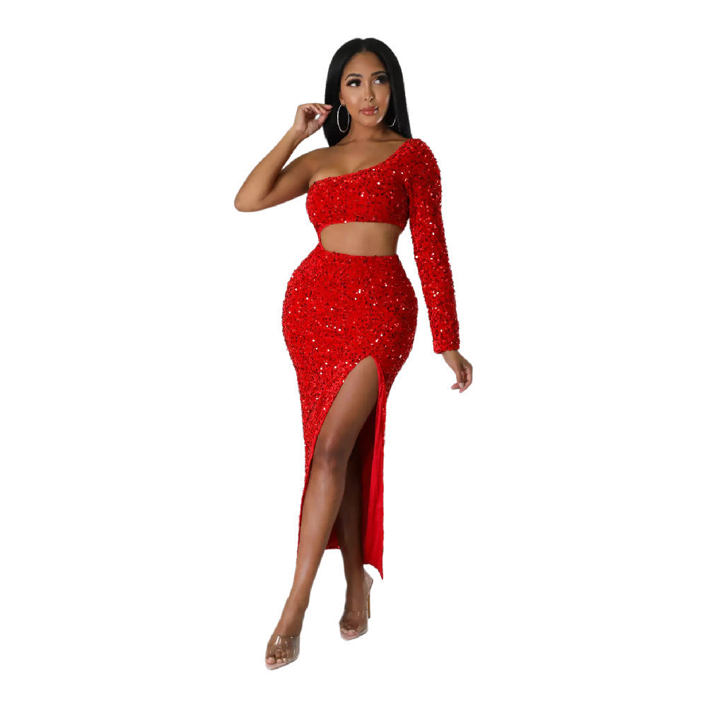 One-shoulder Fashionable Sequins Sexy Navel Split Hip Women's Clothing Dress