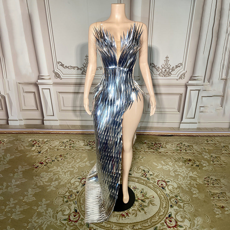 Stage Advanced Light Luxury Evening Dress Sequined Design Side Slit Tail Slim Temperament