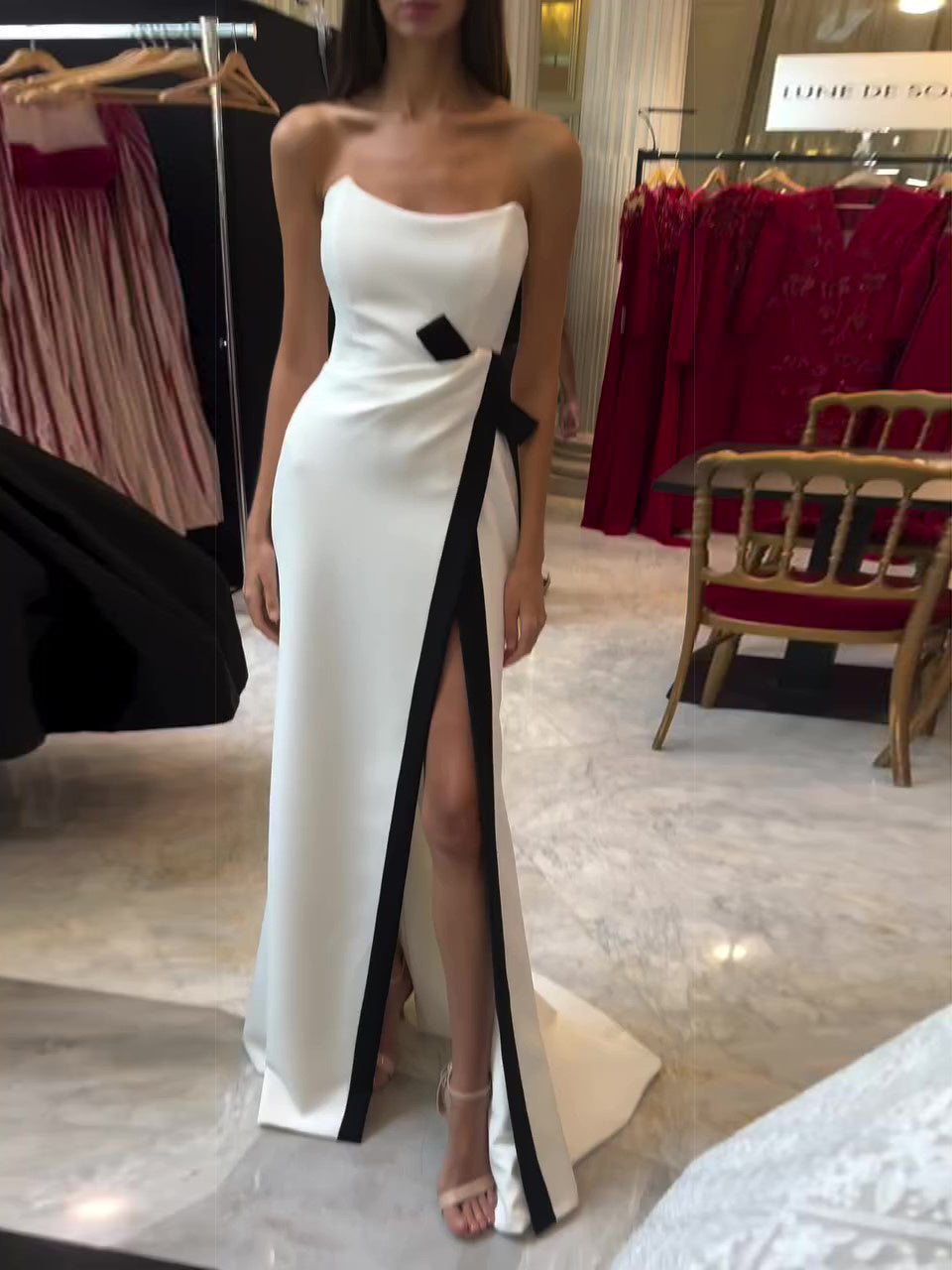 Strapless Black And White Contrasting Slit Dress