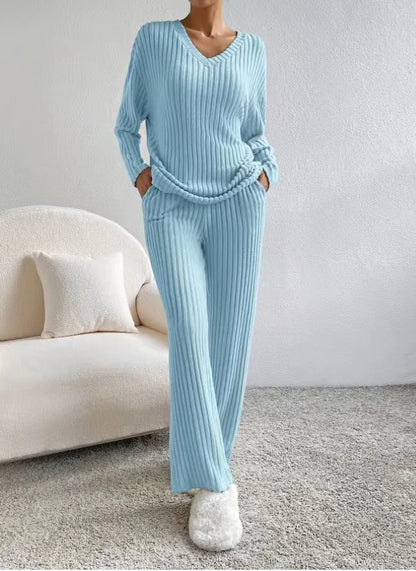 Chic Two-Piece Knitted Set: V-Neck Sweater & Straight-Leg Pants with Subtle Stripes