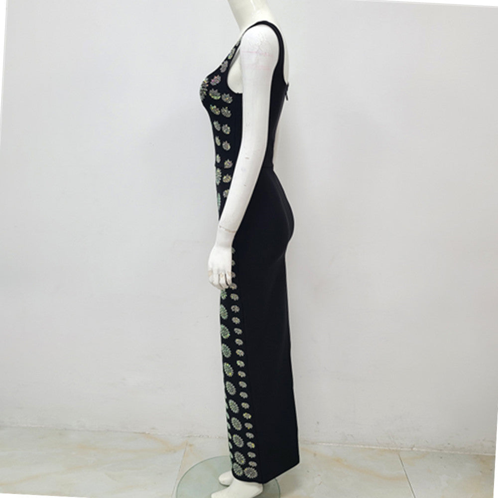 Black Sleeveless U-neck Rhinestone Elegant Slim Bandage DressEvening Dress