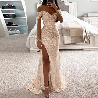 Female Creative Solid Color Sparkling Slit Dress