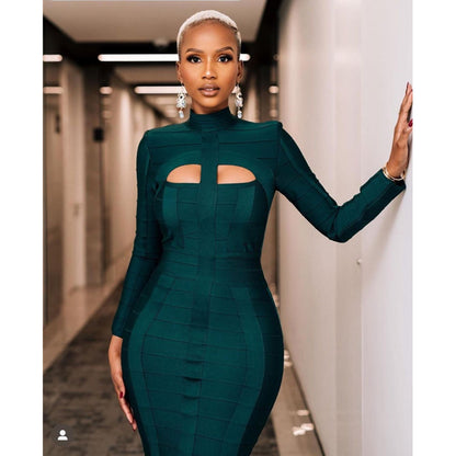 Dark Green Stand Collar Long Sleeve Slim Fit Bandage Dress