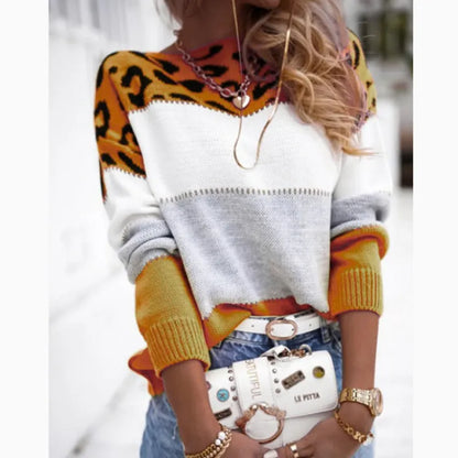 Casual Leopard Print Color-block Crew Neck Sweater