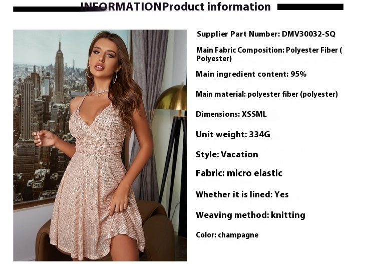 Autumn And Winter New Women's Sexy Gorgeous Sequined Dress Pleated Cross Strap Vacation Style Dress