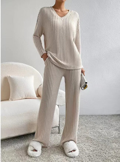 Chic Two-Piece Knitted Set: V-Neck Sweater & Straight-Leg Pants with Subtle Stripes