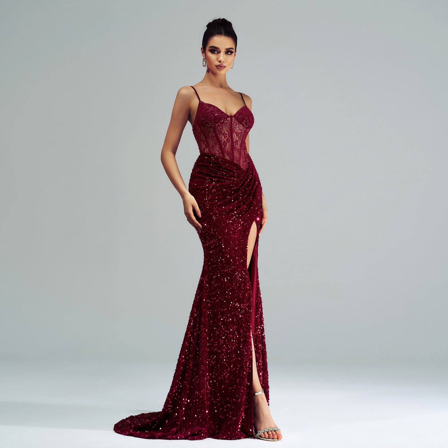 Spaghetti Straps Sleeveless Sequined High Slit Evening Dress