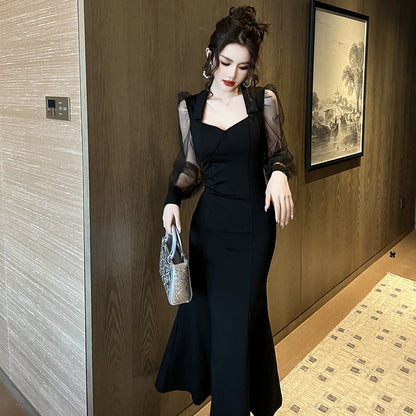 French Style Square Collar Long Dress For Women Hepburn Style Elegant Socialite Mesh Puff Sleeve Fishtail Dress