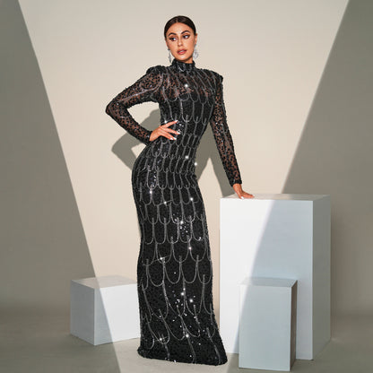 Long Sleeve Round Neck Slim-fit Sequined Banquet Evening Dress