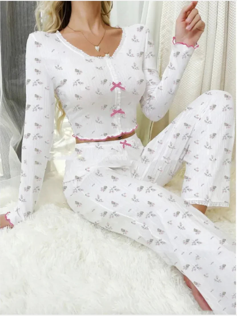 Heart V-Neck Long Sleeve Two-Piece Set