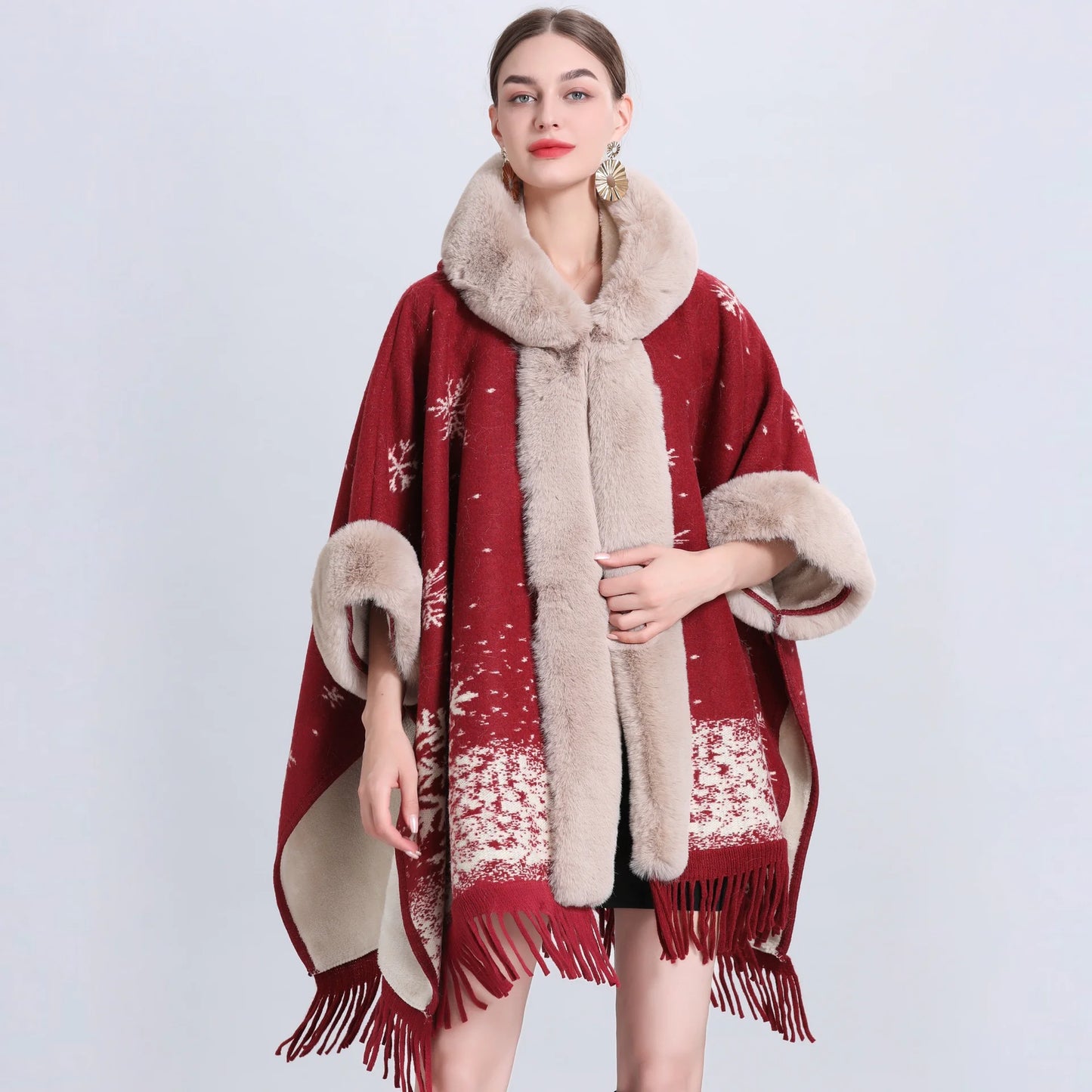 Fur Collar Knitted Poncho with Hoodie