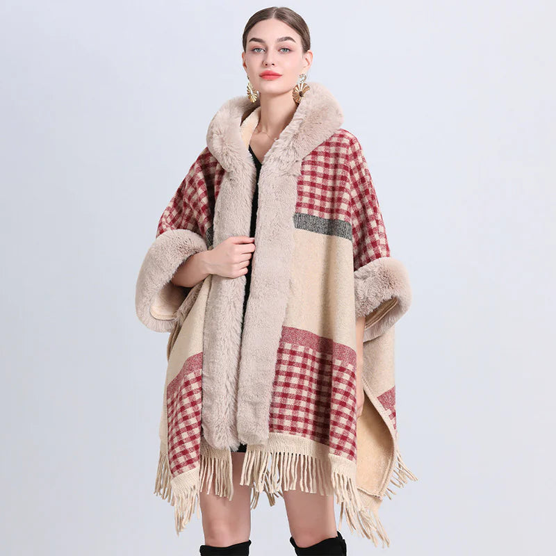 Fur Collar Knitted Poncho with Hoodie