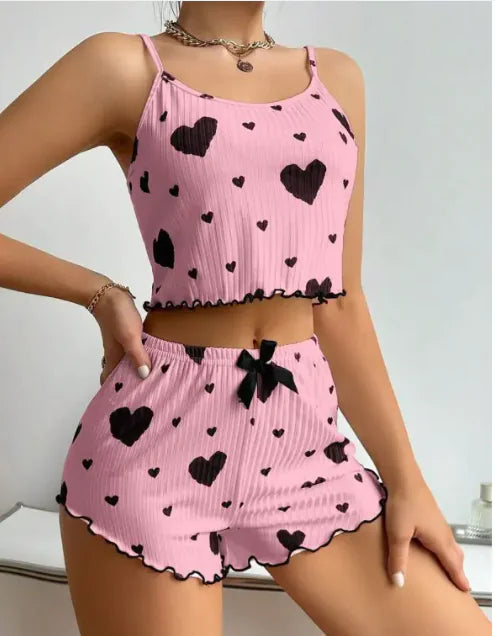 Heart Printing Suspender Shorts Casual Sunken Stripe Outerwear European and American Style Women Pajamas