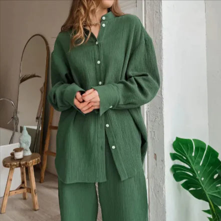 Double-Layer Crepe Long Sleeve Shirt & Trousers Set