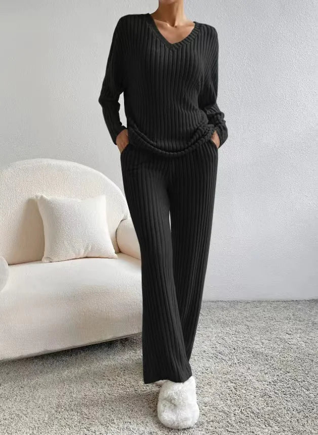 Chic Two-Piece Knitted Set: V-Neck Sweater & Straight-Leg Pants with Subtle Stripes