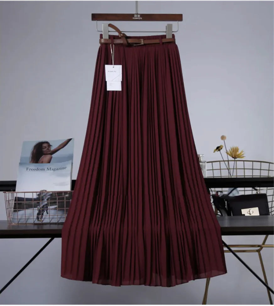 Pure Color Chiffon Pleated Swing Skirt