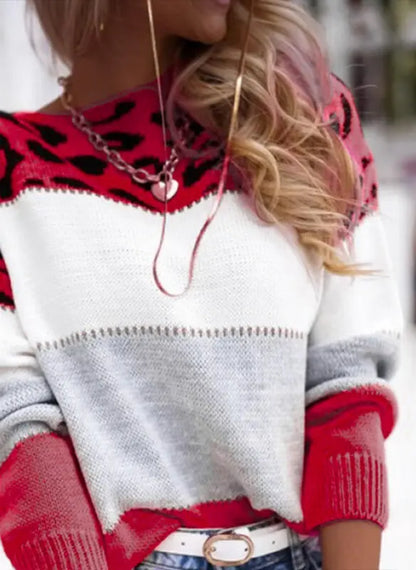 Casual Leopard Print Color-block Crew Neck Sweater