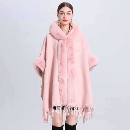 Fur Collar Knitted Poncho with Hoodie