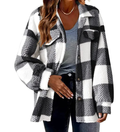 Turndown Collar Plaid Jacket with Pockets