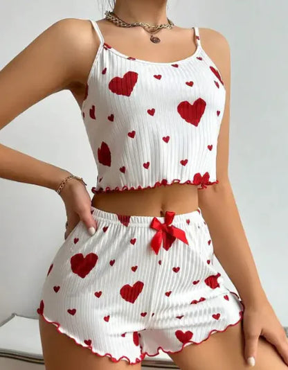 Heart Printing Suspender Shorts Casual Sunken Stripe Outerwear European and American Style Women Pajamas