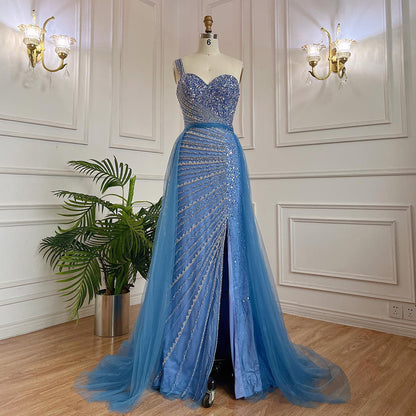 Blue Handmade Beaded Split Shoulder Fishtail Dress