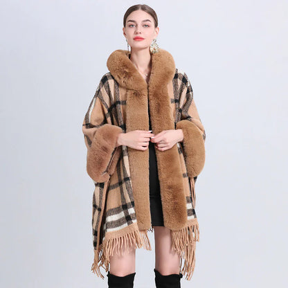 Fur Collar Knitted Poncho with Hoodie