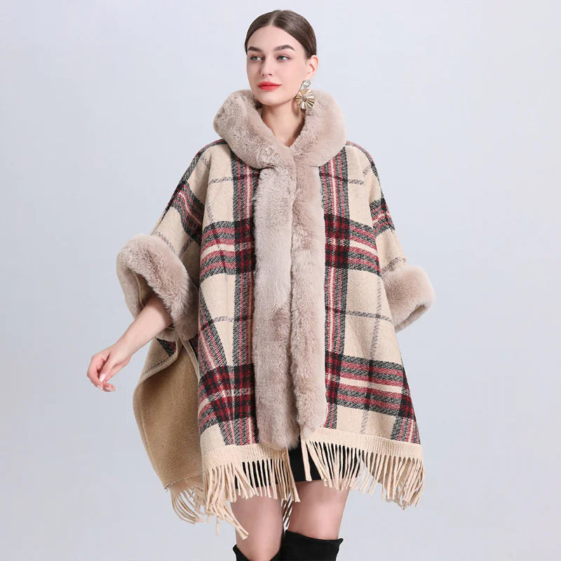 Fur Collar Knitted Poncho with Hoodie