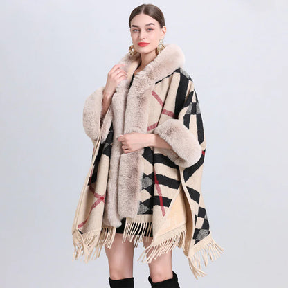 Fur Collar Knitted Poncho with Hoodie