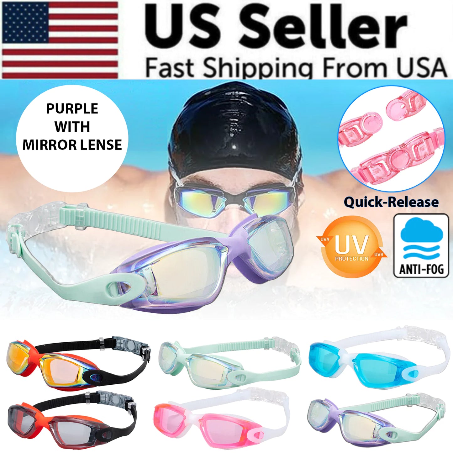 Clear Comfortable Swimming Goggles UV- Anti-Fog Swim Glasses Mirror Adult & Kids