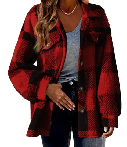 Turndown Collar Plaid Jacket with Pockets