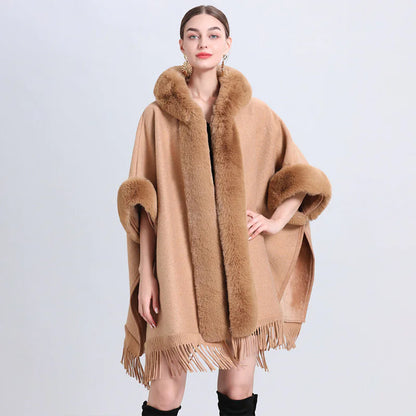 Fur Collar Knitted Poncho with Hoodie