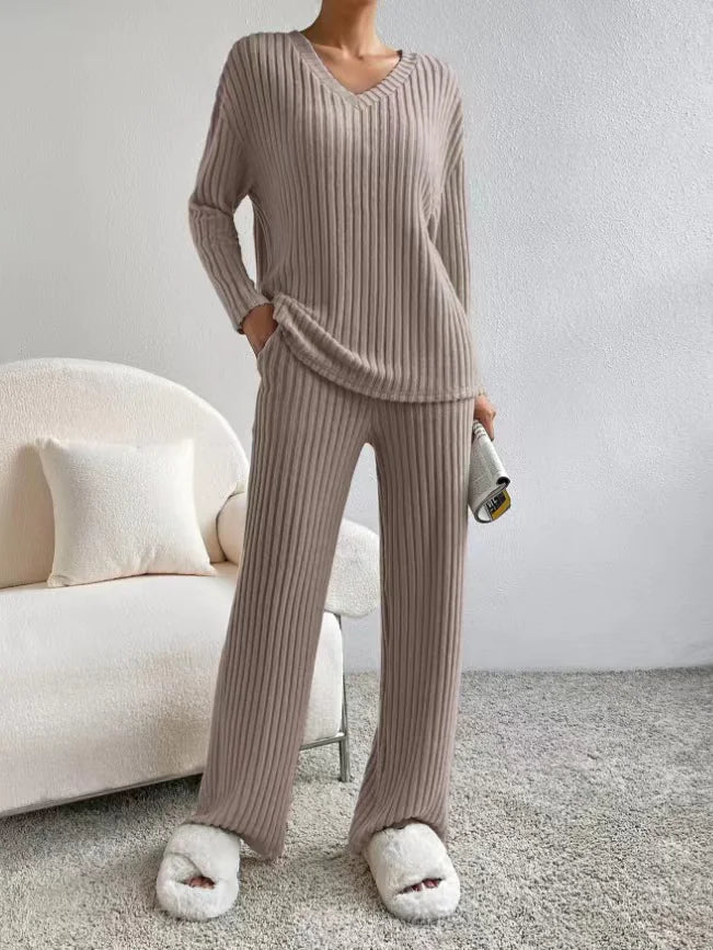 Chic Two-Piece Knitted Set: V-Neck Sweater & Straight-Leg Pants with Subtle Stripes