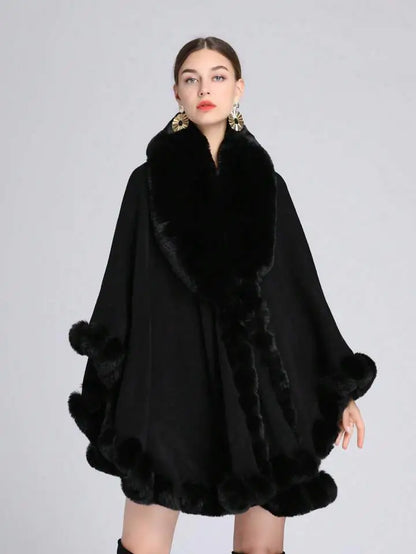 Fur Collar Knitted Poncho with Hoodie