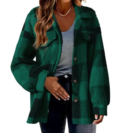 Turndown Collar Plaid Jacket with Pockets