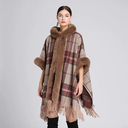 Fur Collar Knitted Poncho with Hoodie