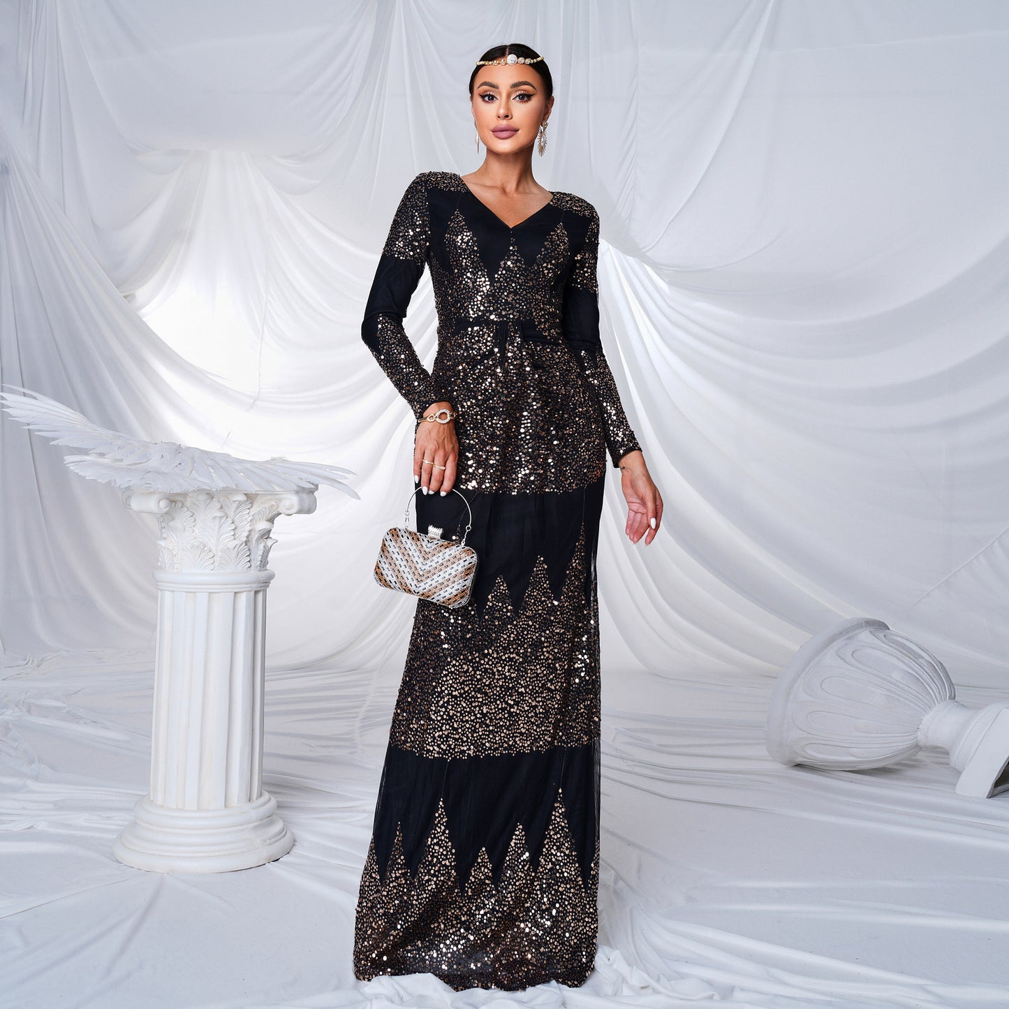 Long Sleeve V-neck Sexy Slim-fit Long Sequined Banquet Evening Dress