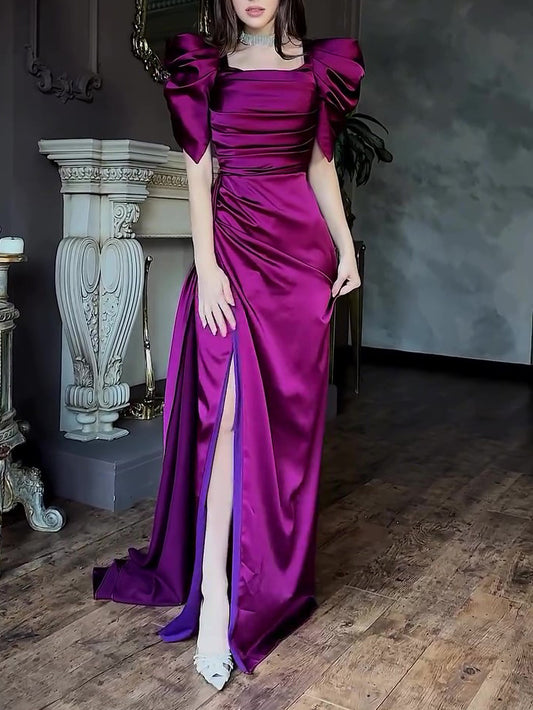 Elegant Puff Sleeve Pleated Slit Maxi Dress