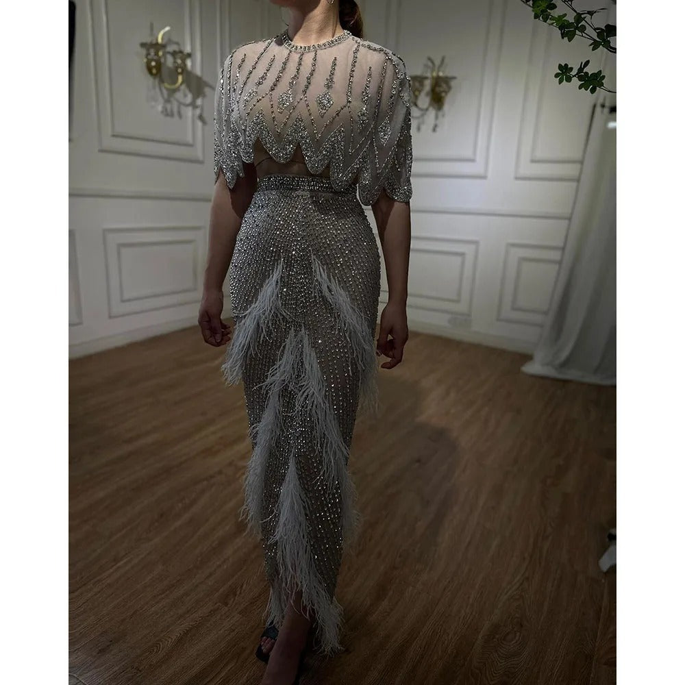 European And American Silver Nude Slim-fit Feather Shawl Host Performance Ladies' Evening Dress