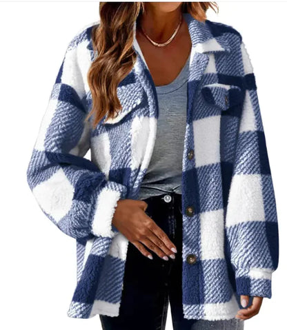 Turndown Collar Plaid Jacket with Pockets