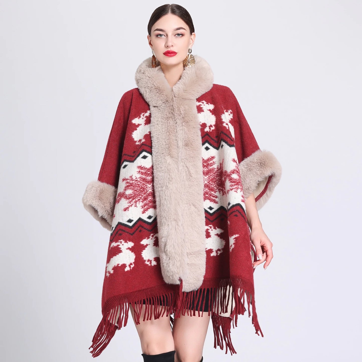 Fur Collar Knitted Poncho with Hoodie