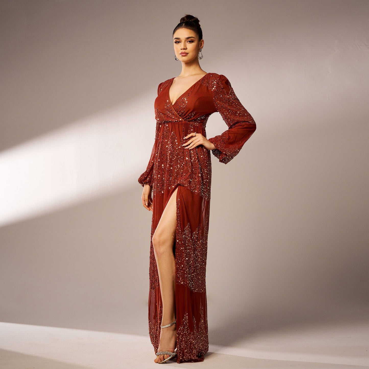 Long Sleeve V-neck Sexy Long Sequined Evening Dress