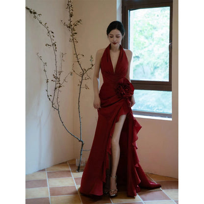 Socialite Style Wine Red Elegant Halter Bride Wedding Toast Dress