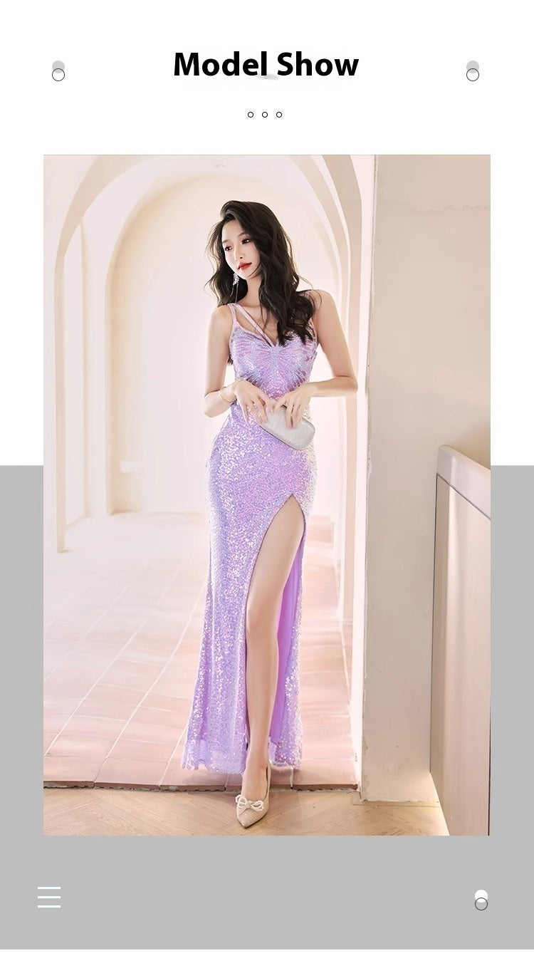 New Sequined Evening Dress Autumn And Winter Purple French Style High Sense Banquet