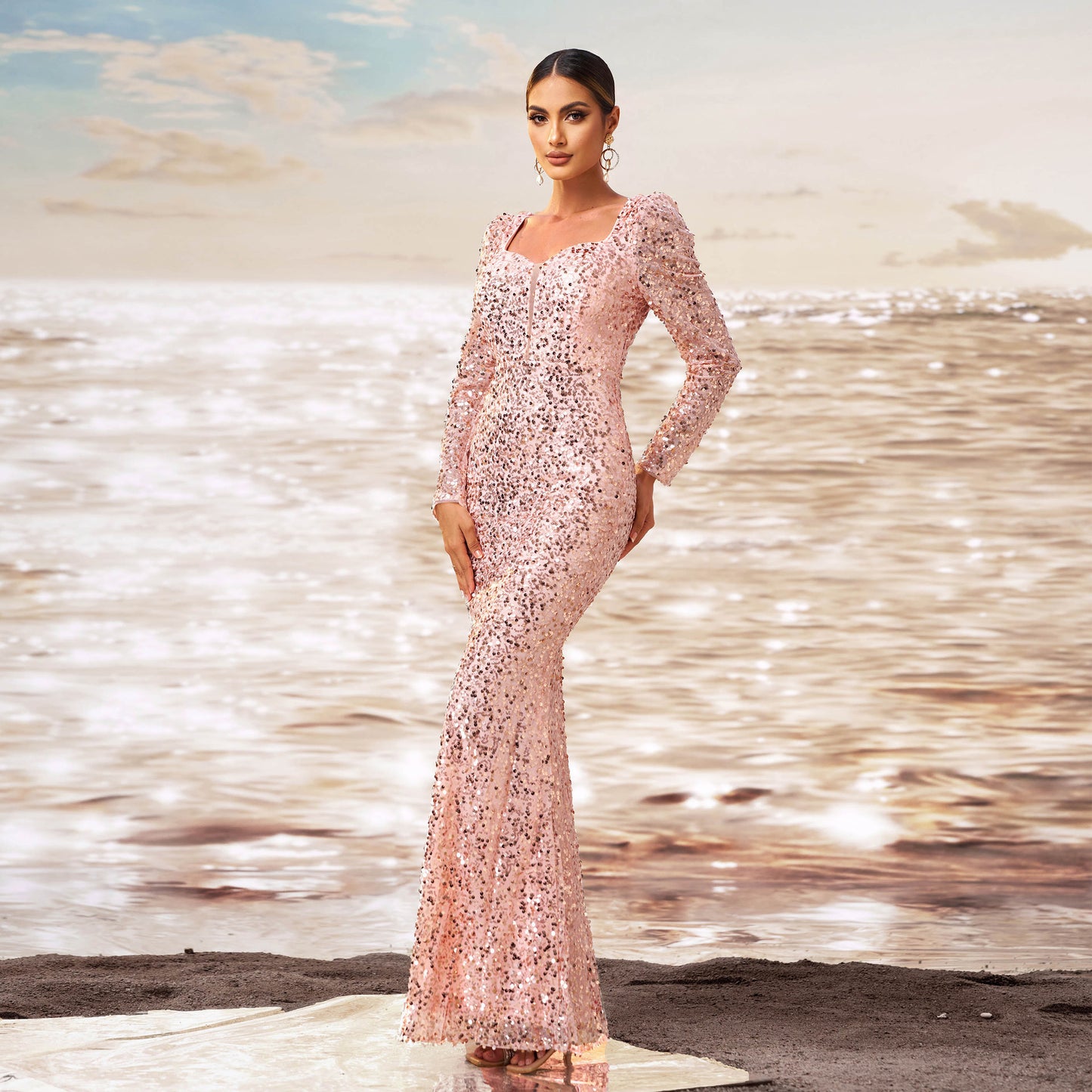 Long Sleeve Square-neck Sequined Sheath Fishtail Evening Dress